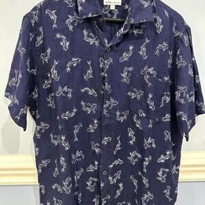 Peter Millar Navy and white fish print short sleeve button up shirt